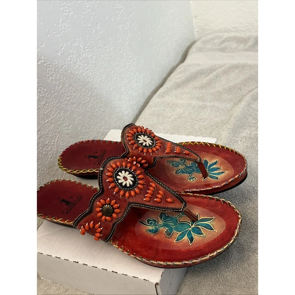 Elite Corky's Sandals Leather Colorful Hand Painted Floral Sz 10 Beaded Beach 41
